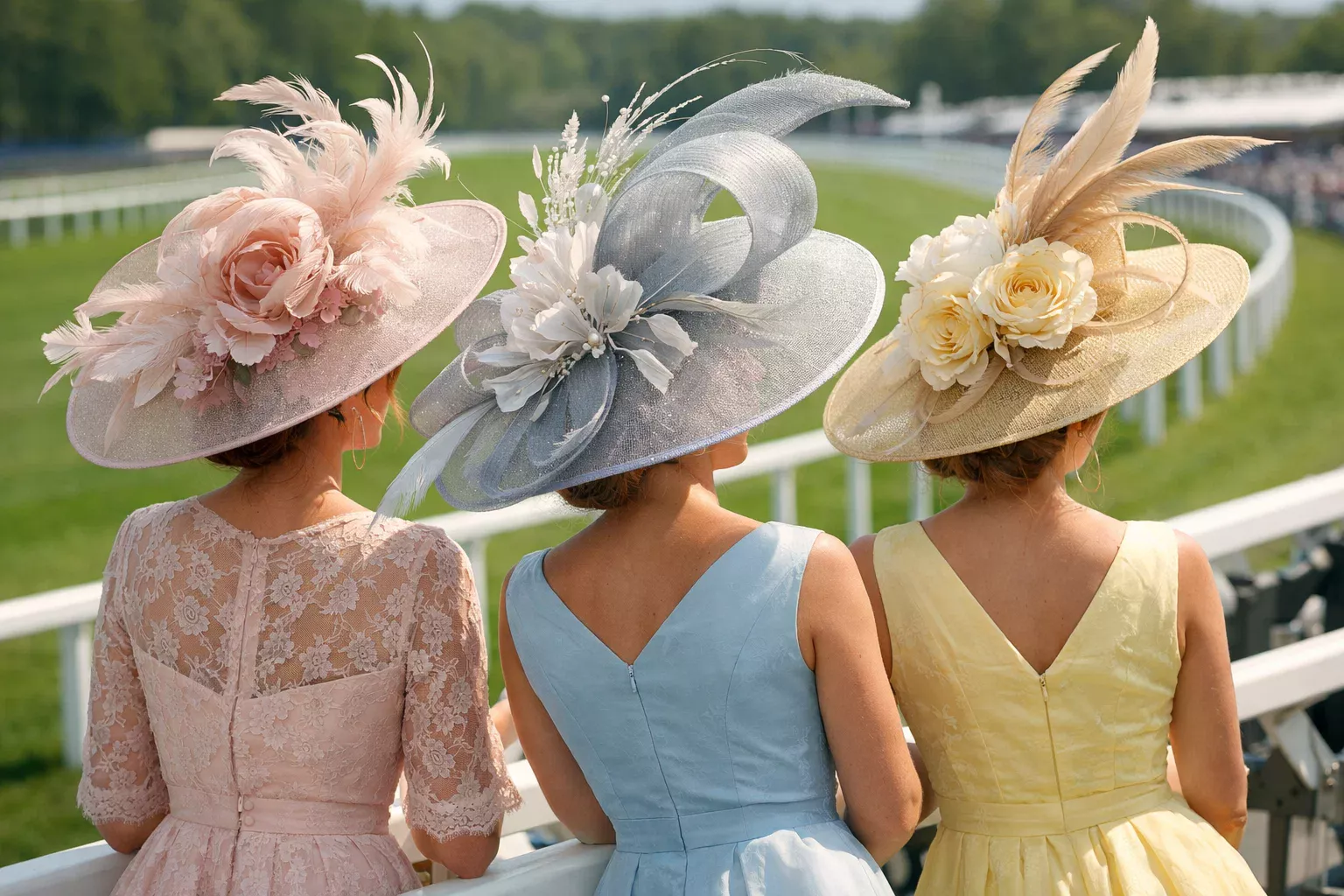 Elegante Damen mit Hüten bei Royal Ascot vor der Rennbahn