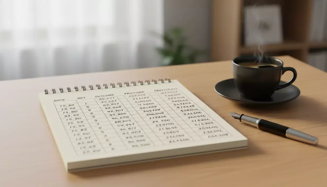 Notizbuch mit Wettprotokoll und Stift auf einem Schreibtisch