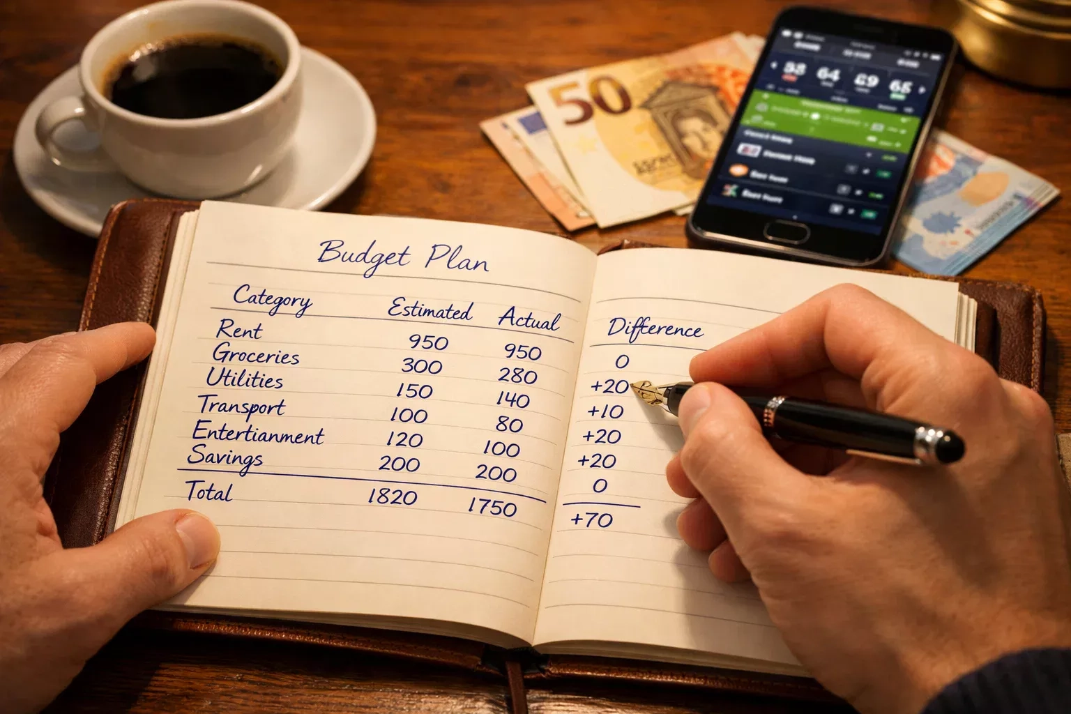 Person notiert Wettbudget in einem Notizbuch mit Stift