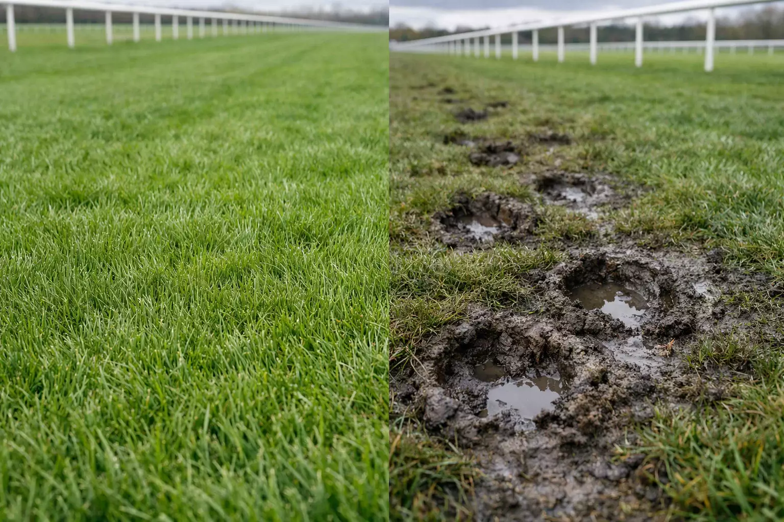 Nahaufnahme der Rasenbahn einer Pferderennbahn bei unterschiedlichem Wetter