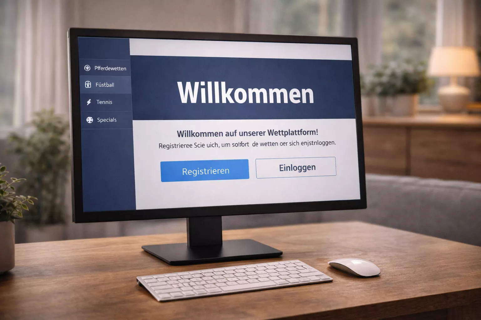 Willkommensbildschirm einer Wettplattform auf dem Computermonitor