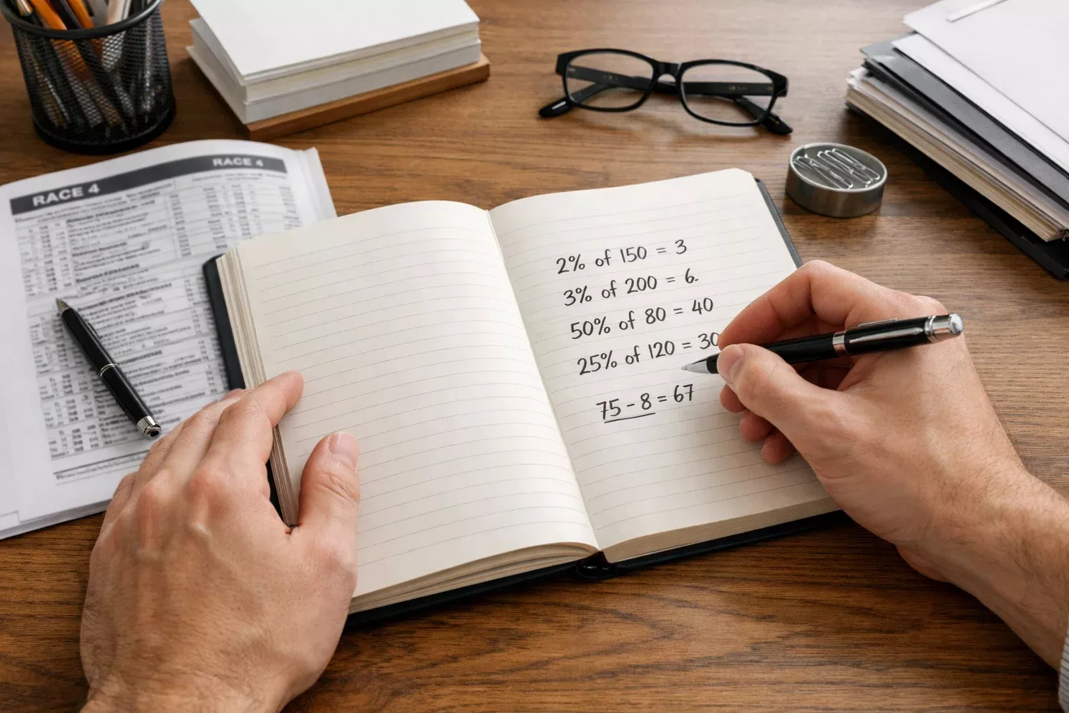 Person macht Notizen zu Wetteinsätzen an einem Schreibtisch