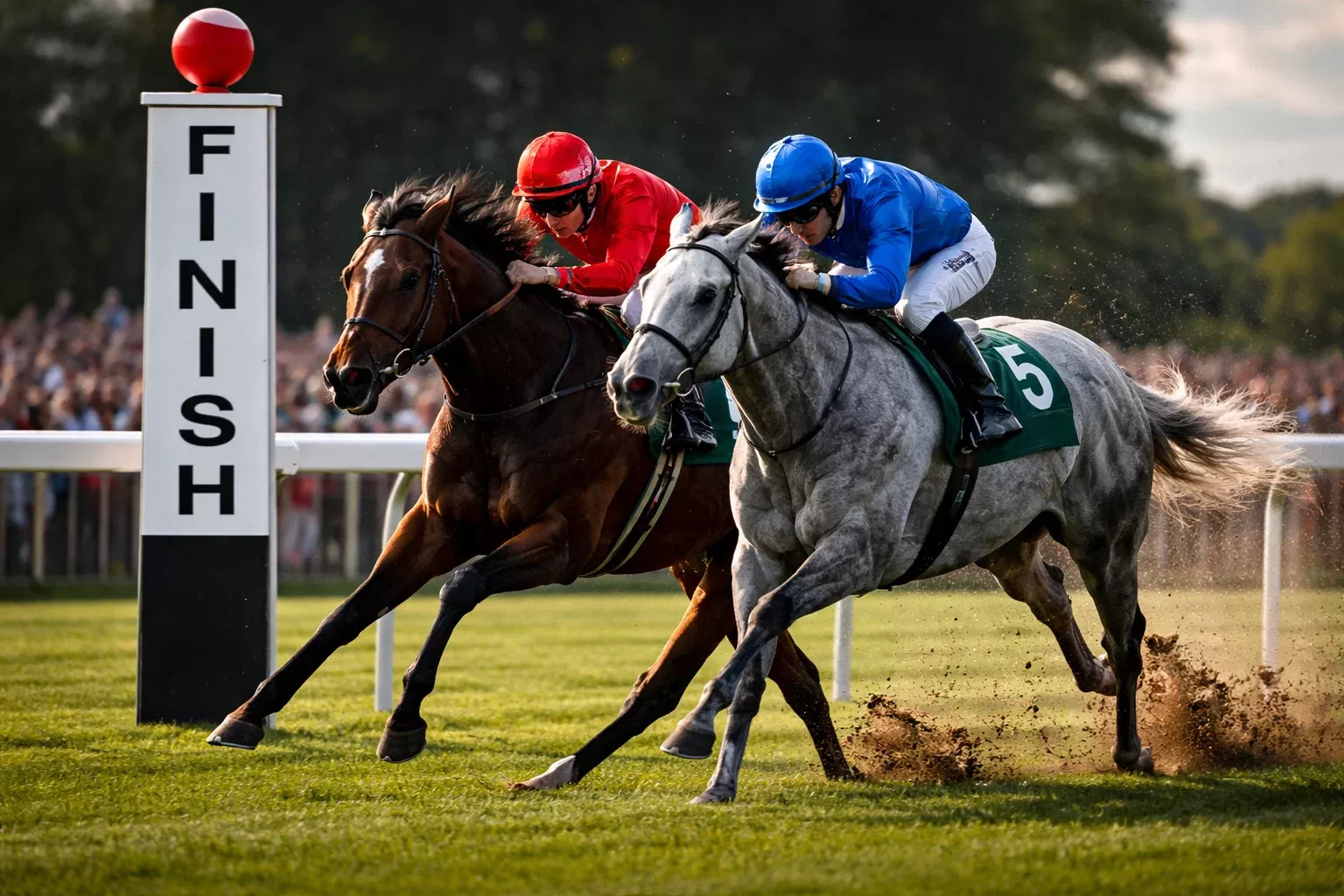 Zwei Rennpferde im Zieleinlauf nebeneinander auf der Rennbahn