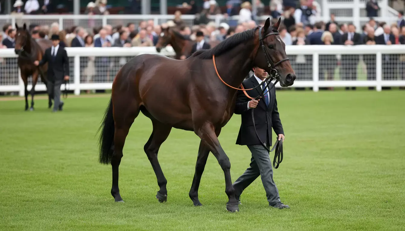 Nahaufnahme von Rennpferden im Führring vor dem Start