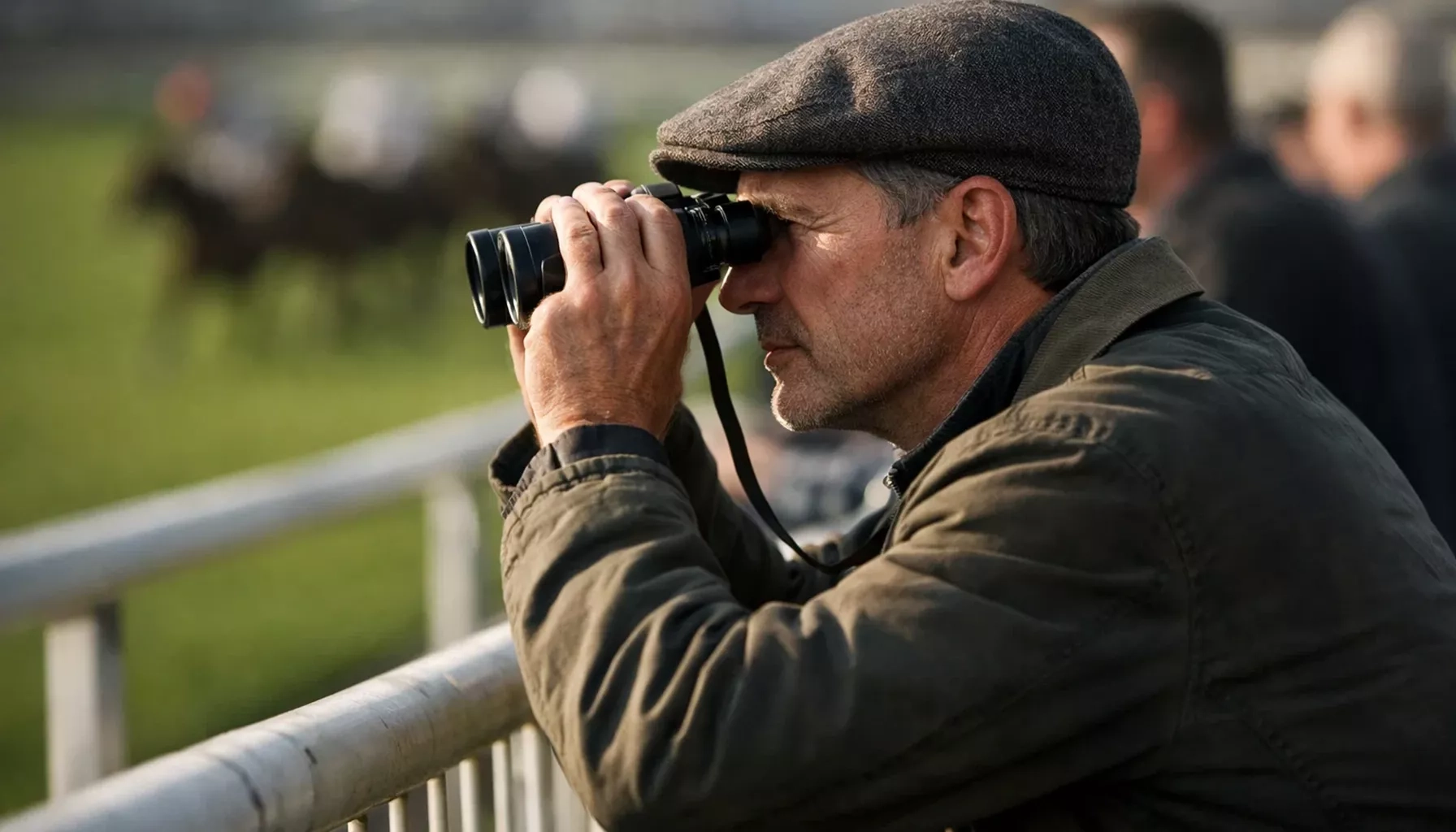 Konzentrierter Wetter beobachtet ein Pferderennen mit Fernglas