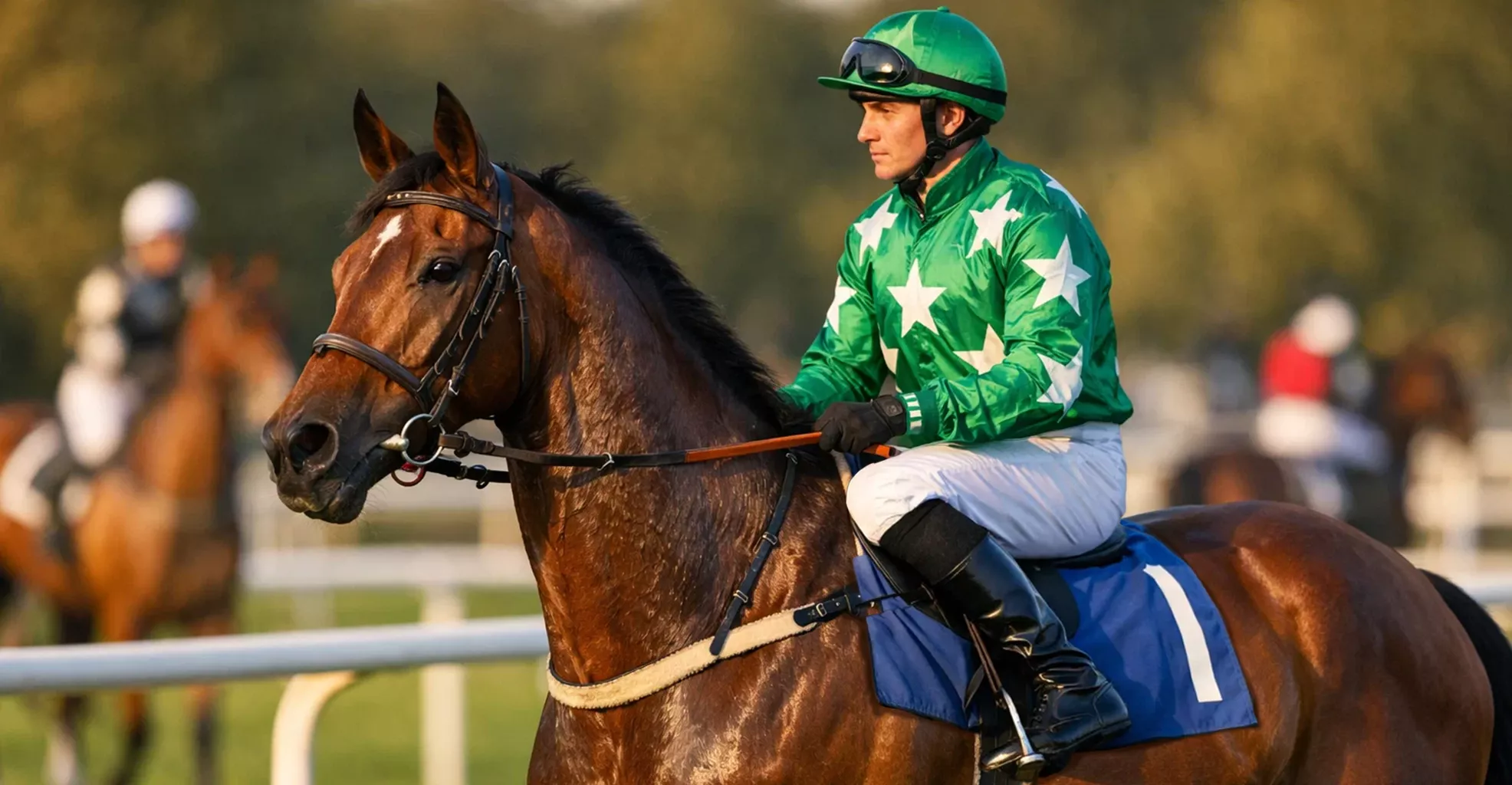 Elegantes Vollblutpferd mit Jockey vor dem Start eines Galopprennens