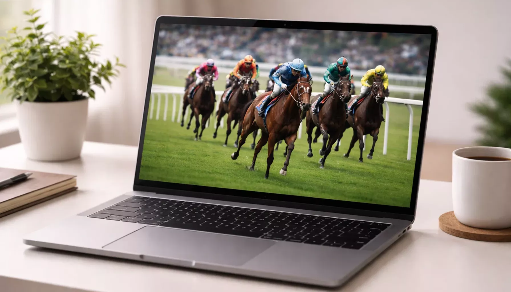 Moderner Laptop zeigt Live-Pferderennen auf dem Bildschirm