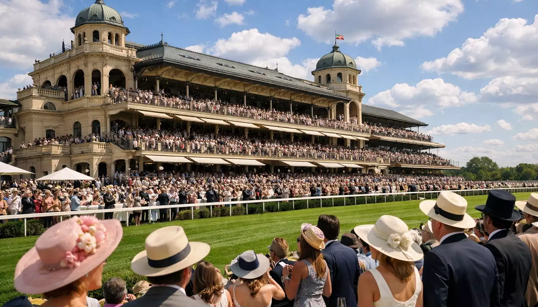 Imposante Tribüne einer großen Pferderennbahn voller eleganter Zuschauer