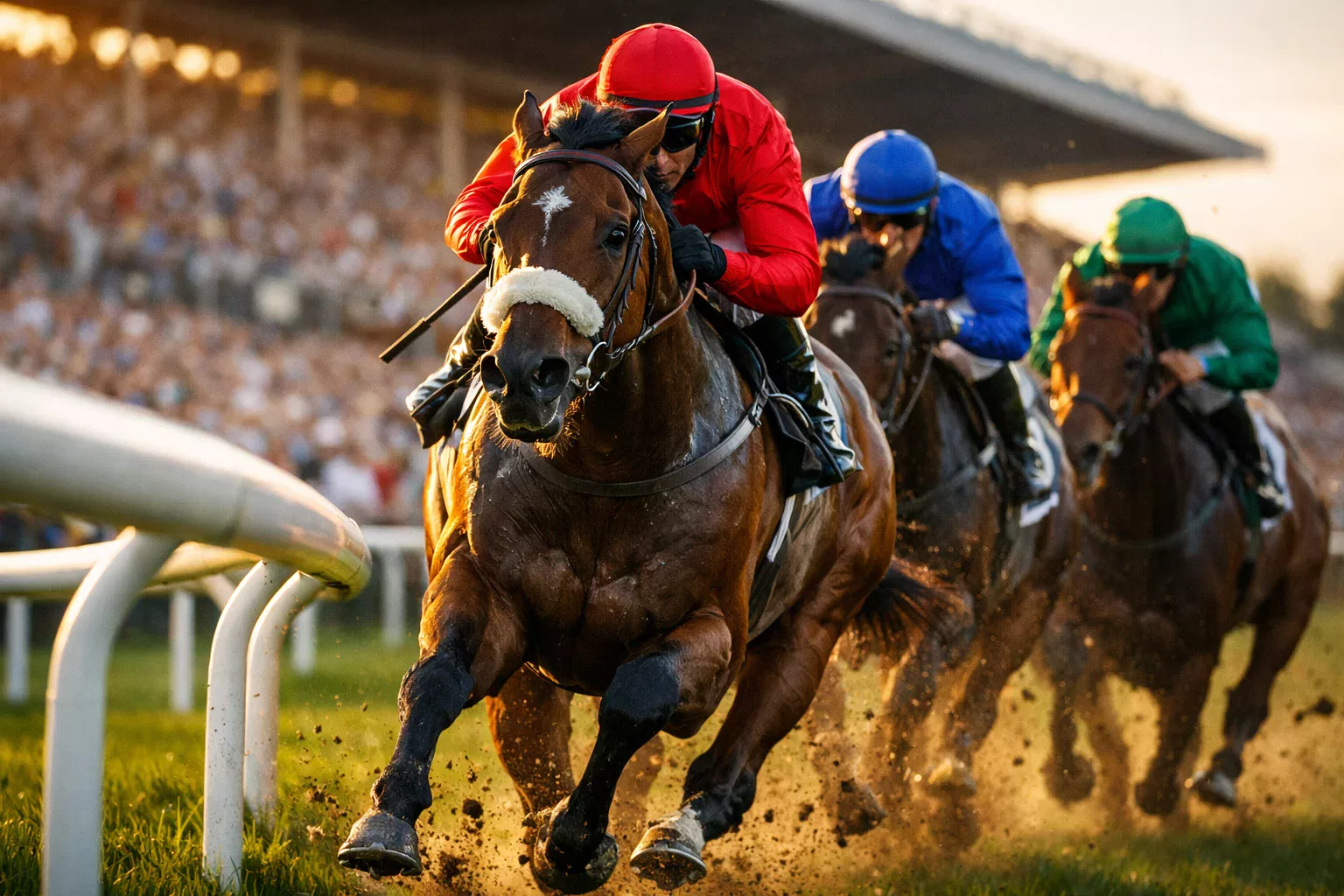 Spannendes Pferderennen auf der Rennbahn mit Jockeys in bunten Farben