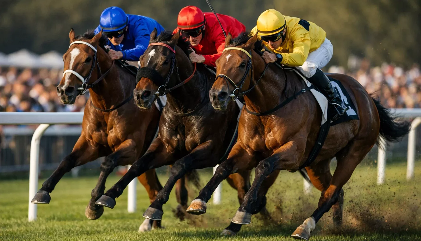 Spannendes Pferderennen auf der Zielgeraden mit Jockeys in bunten Trikots