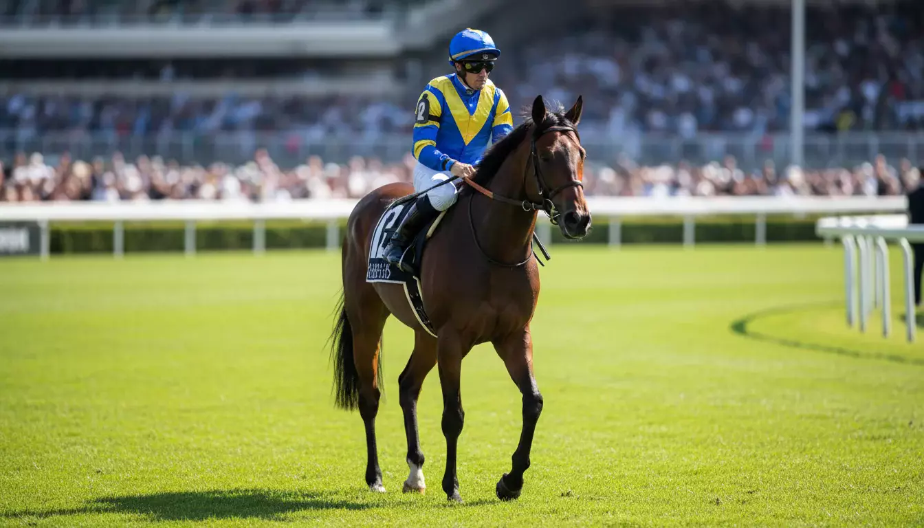 Jockey in bunter Rennkleidung auf einem Galopprennpferd vor dem Start
