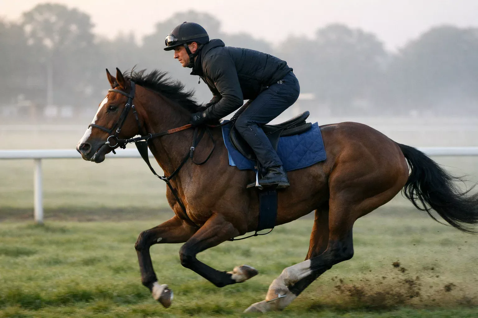 Erfahrener Jockey im Sattel während eines Trainings auf der Rennbahn