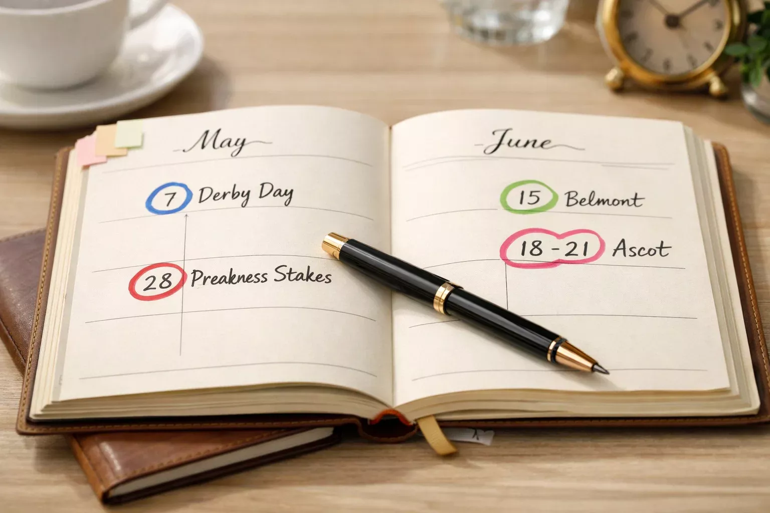 Geöffneter Jahresplaner mit markierten Terminen großer Pferderennen