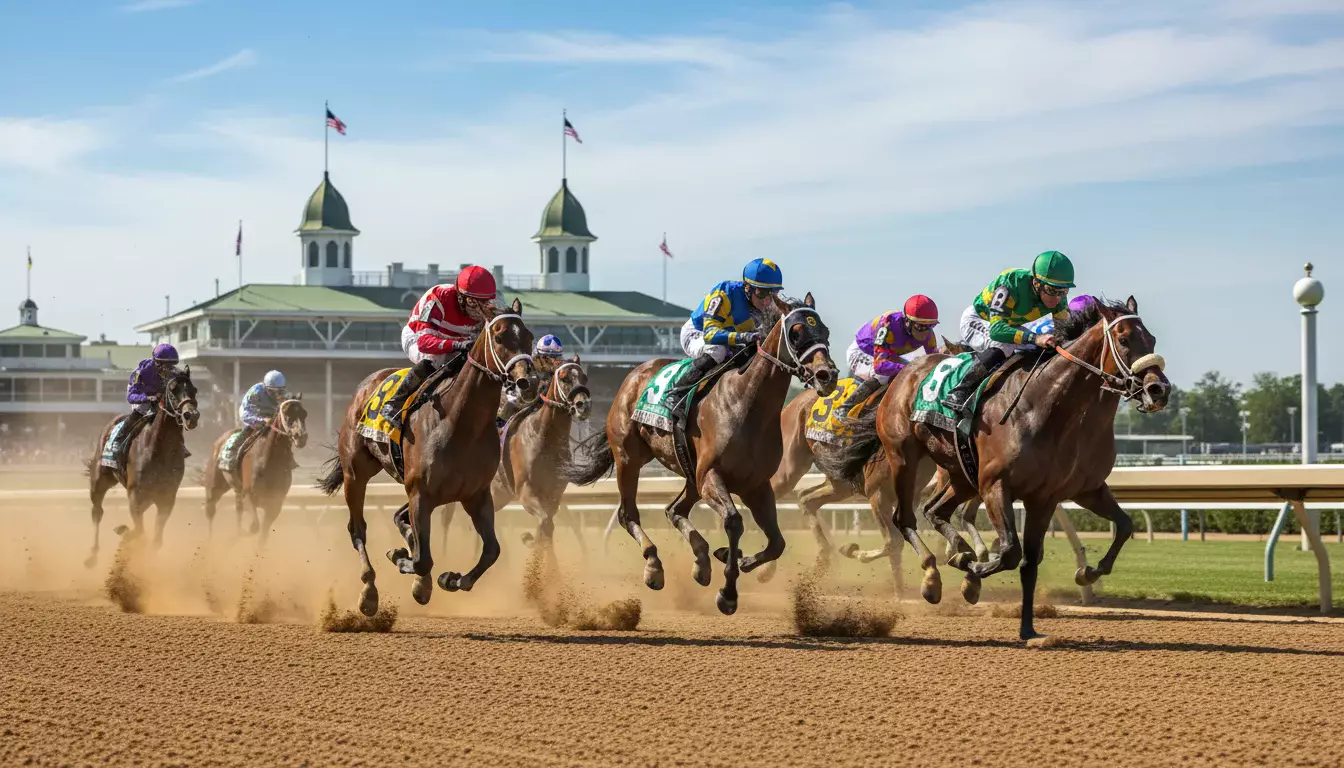 Galopprennen auf einer Dirt-Bahn in den USA, Pferde mit Jockeys in der Zielkurve vor voller Tribüne