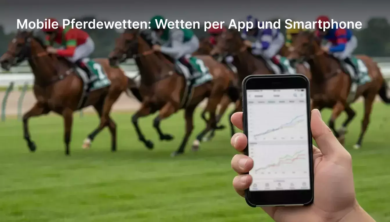 Hand hält ein Smartphone mit Rennprogramm, im Hintergrund Pferde auf der Rennbahn