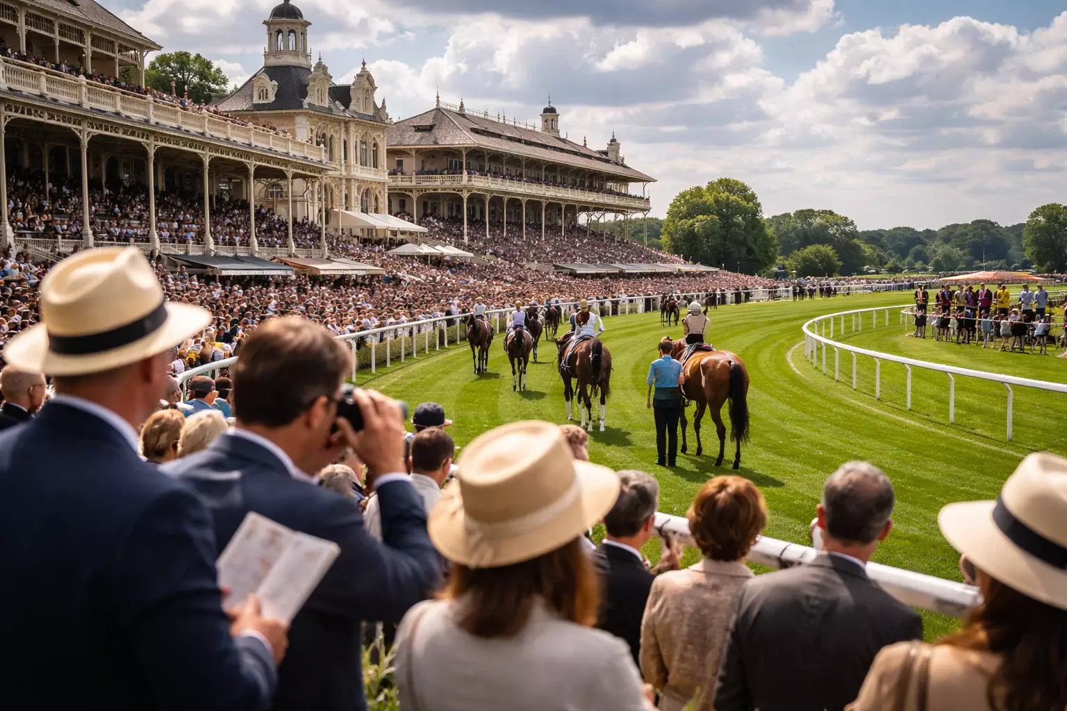 Historische Pferderennbahn mit Zuschauern auf der Tribüne