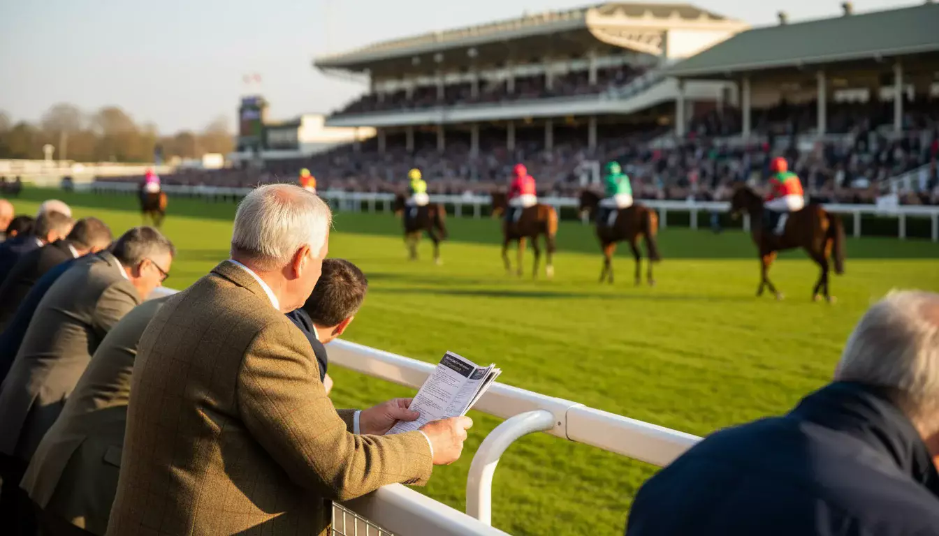 Zuschauer an einer Pferderennbahn beobachten den Aufgalopp vor dem Rennen