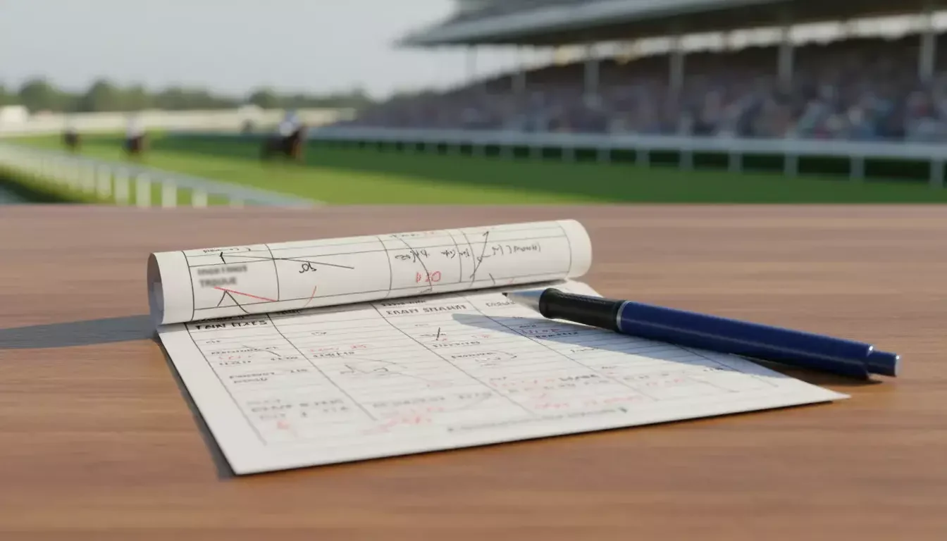 Wettschein und Kugelschreiber auf einem Tisch vor einer Pferderennbahn-Tribüne