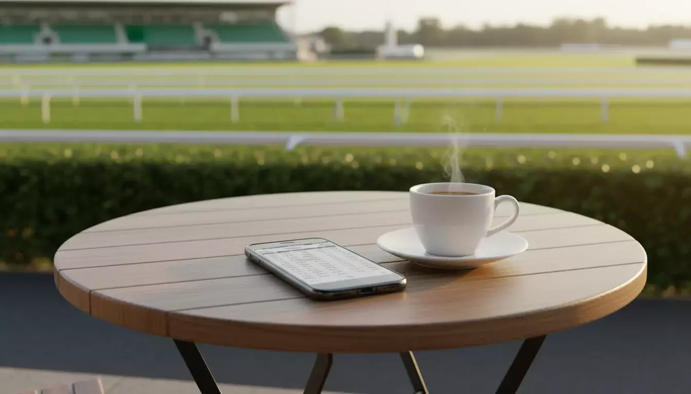 Smartphone zeigt ein Pferderennen-Programm, im Hintergrund eine Galopprennbahn