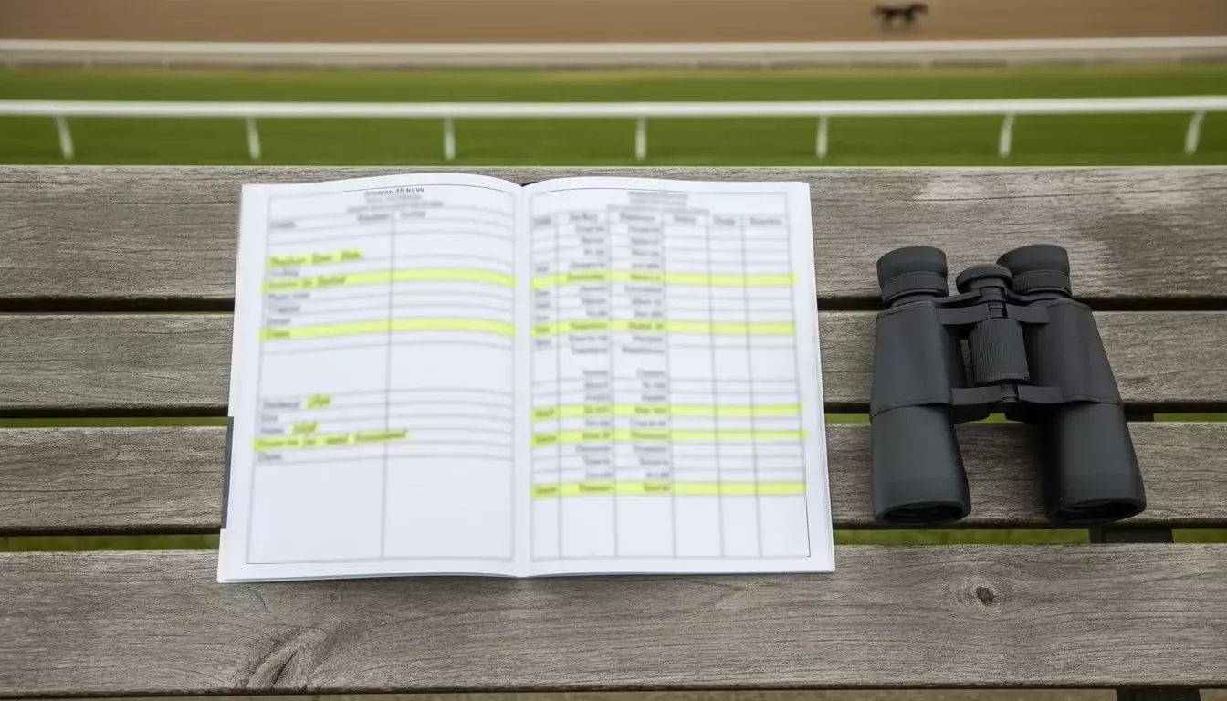 Aufgeschlagenes Rennprogramm mit markierten Fachbegriffen neben der Rennbahn
