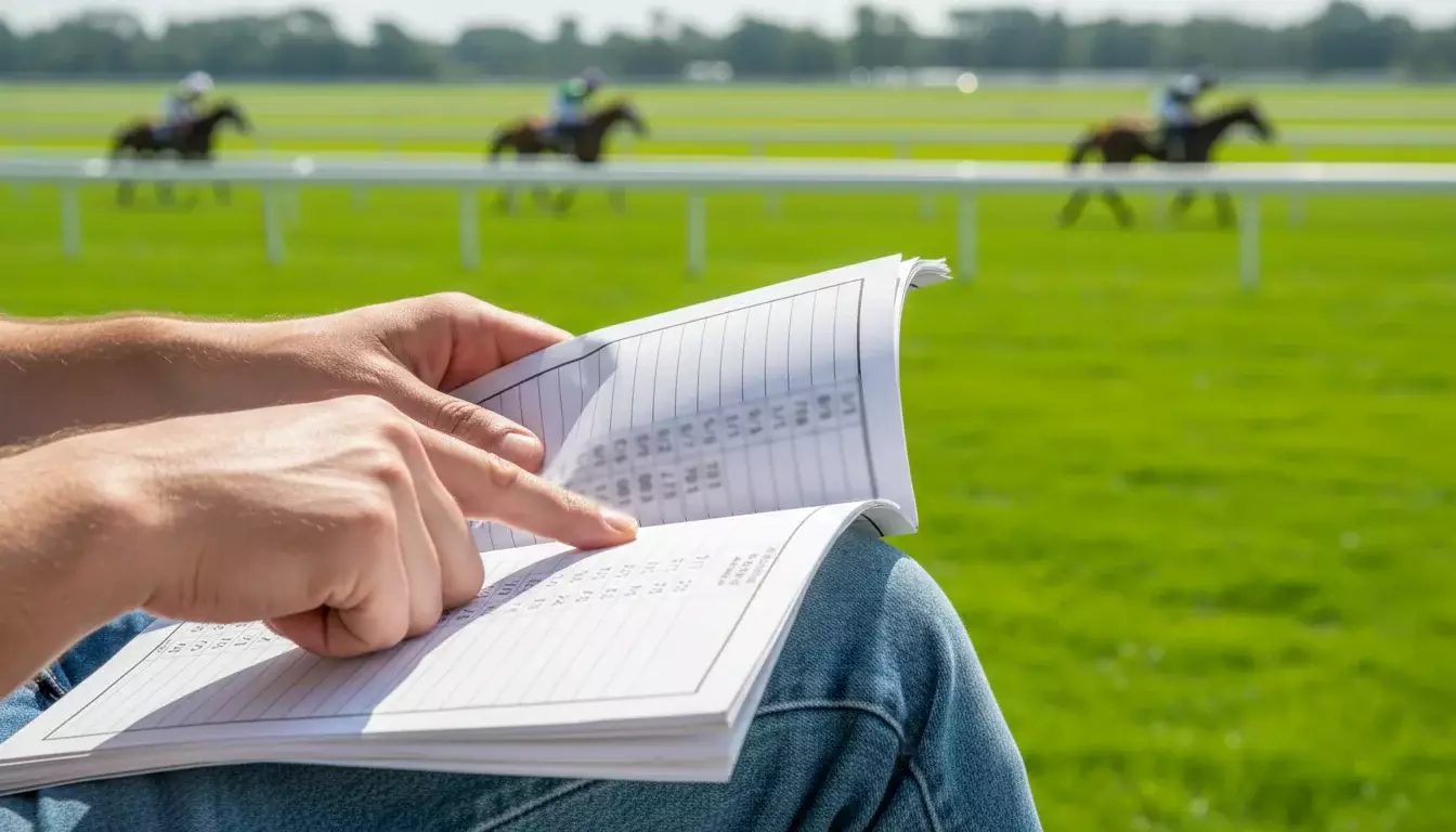 Person studiert Pferderennen-Quoten auf einem Rennprogramm