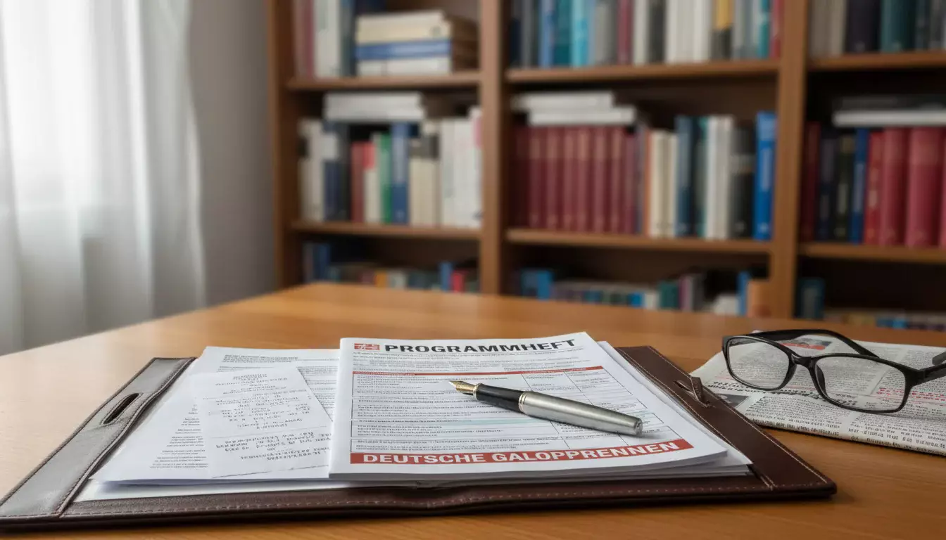 Dokumente und ein Stift auf einem Schreibtisch, daneben ein Pferdrennen-Programmheft