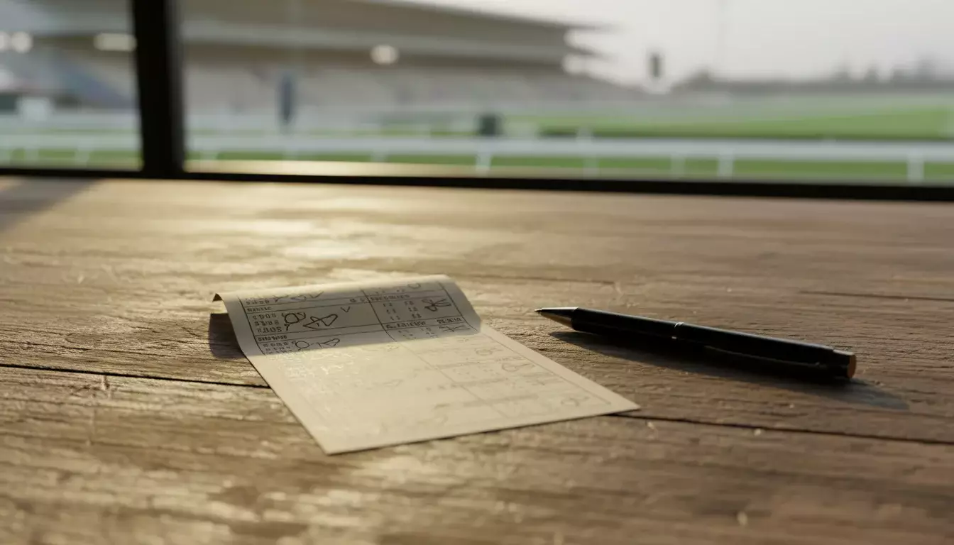 Nahaufnahme eines Wettscheins für Pferderennen auf einem Holztisch