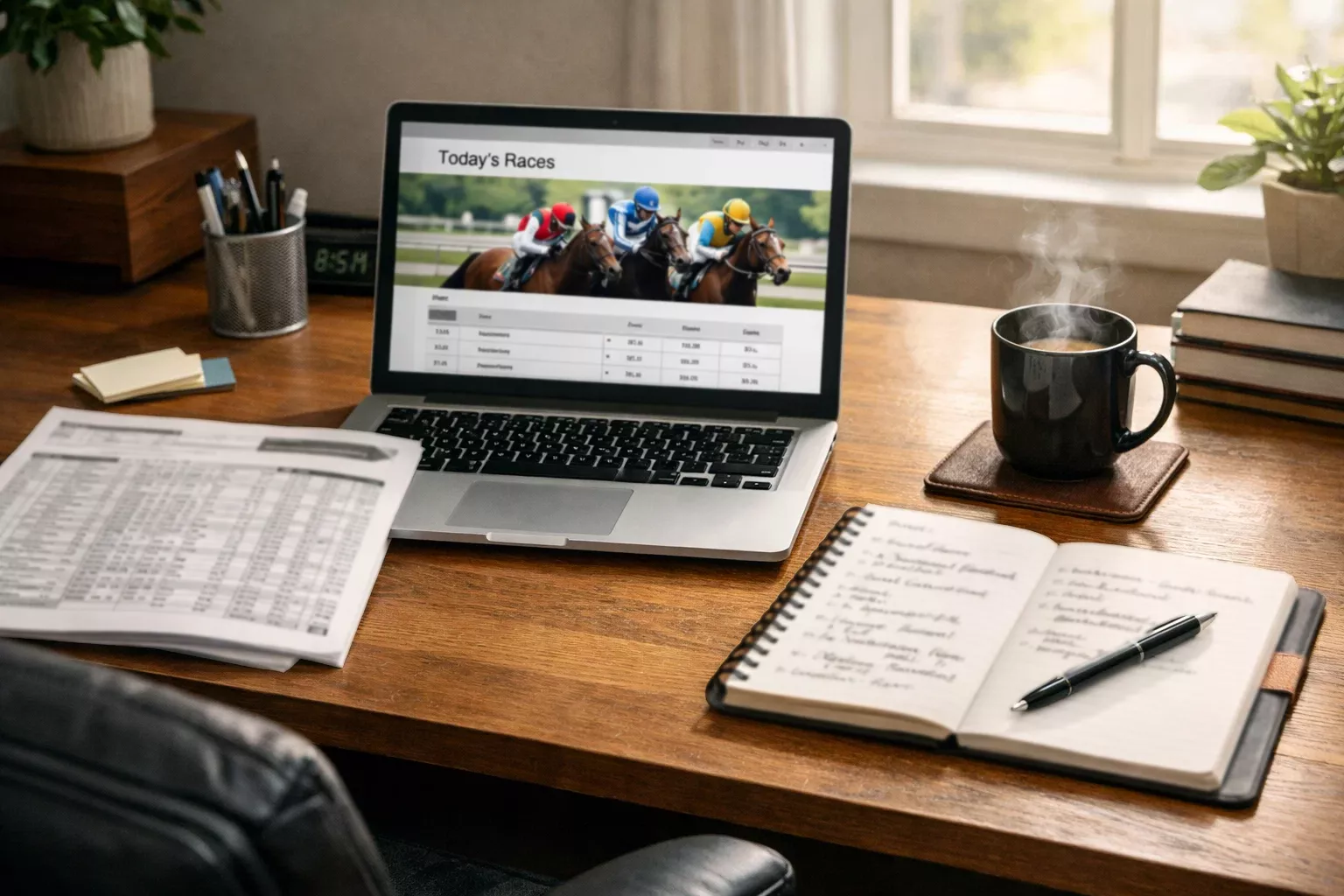 Aufgeräumter Arbeitsplatz mit Rennprogramm und Laptop für Wettanalyse