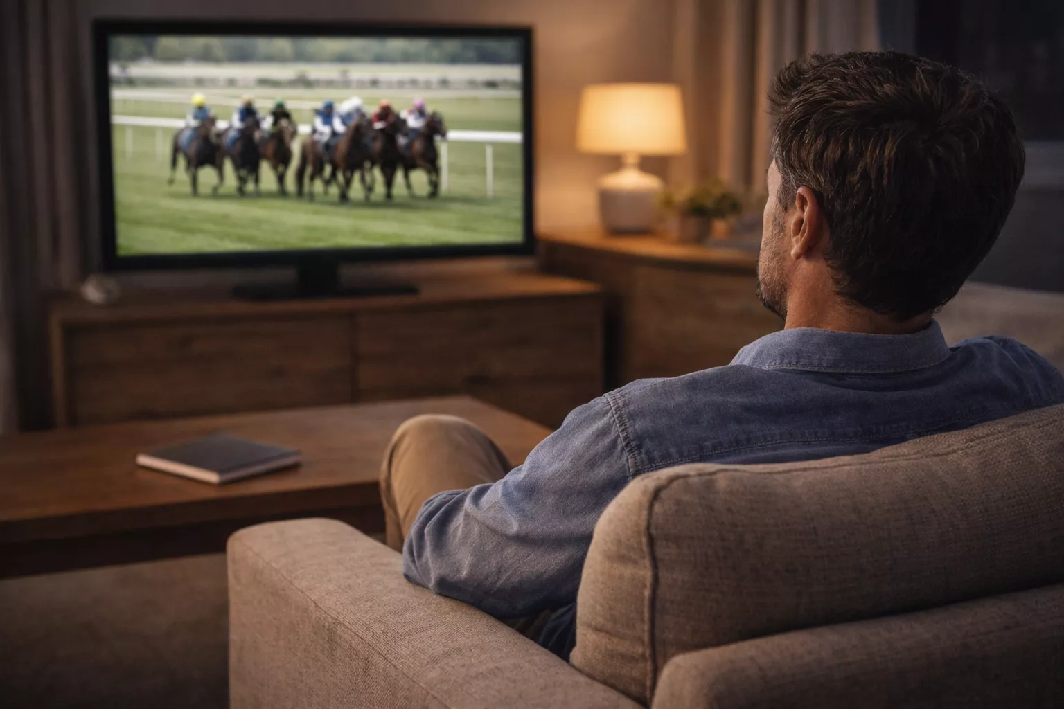 Entspannter Wetter sitzt ruhig während eines spannenden Rennens