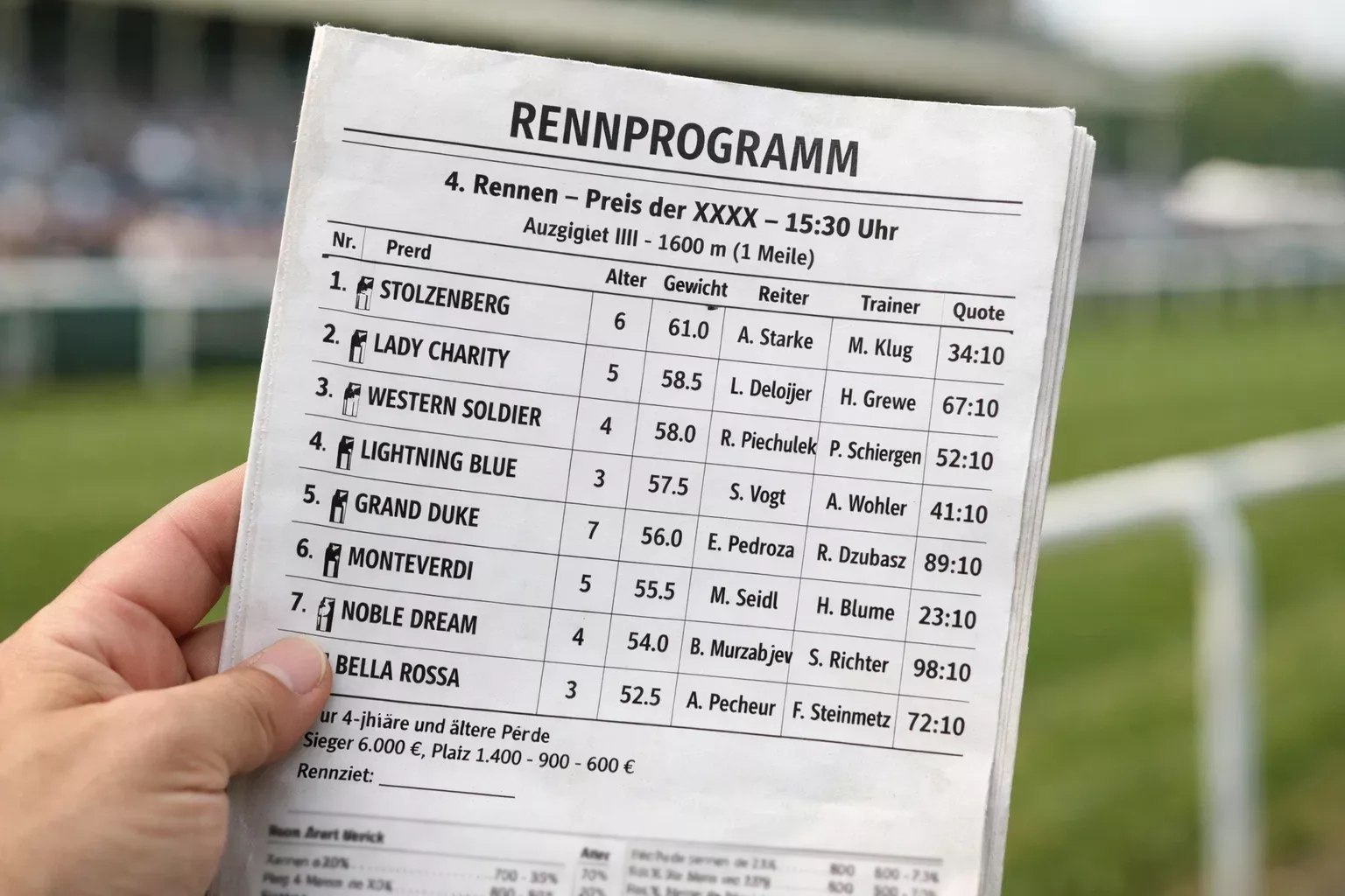 Hand hält ein offizielles Rennprogramm mit allen Startern und Daten