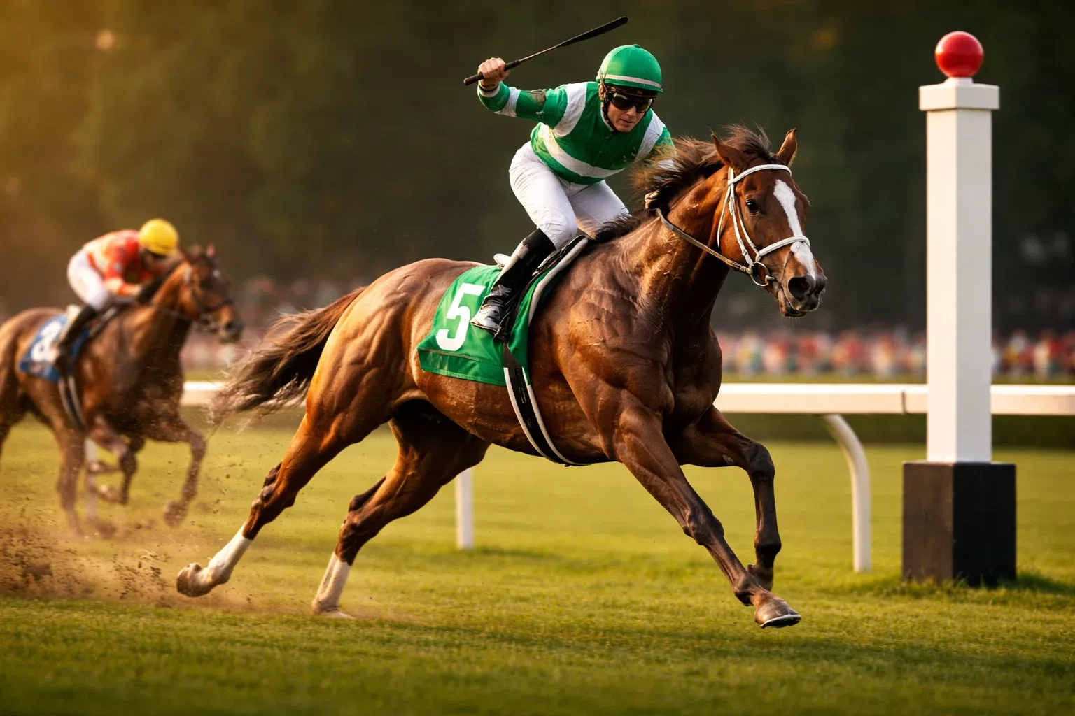 Pferd überquert als Erstes die Ziellinie bei einem Galopprennen