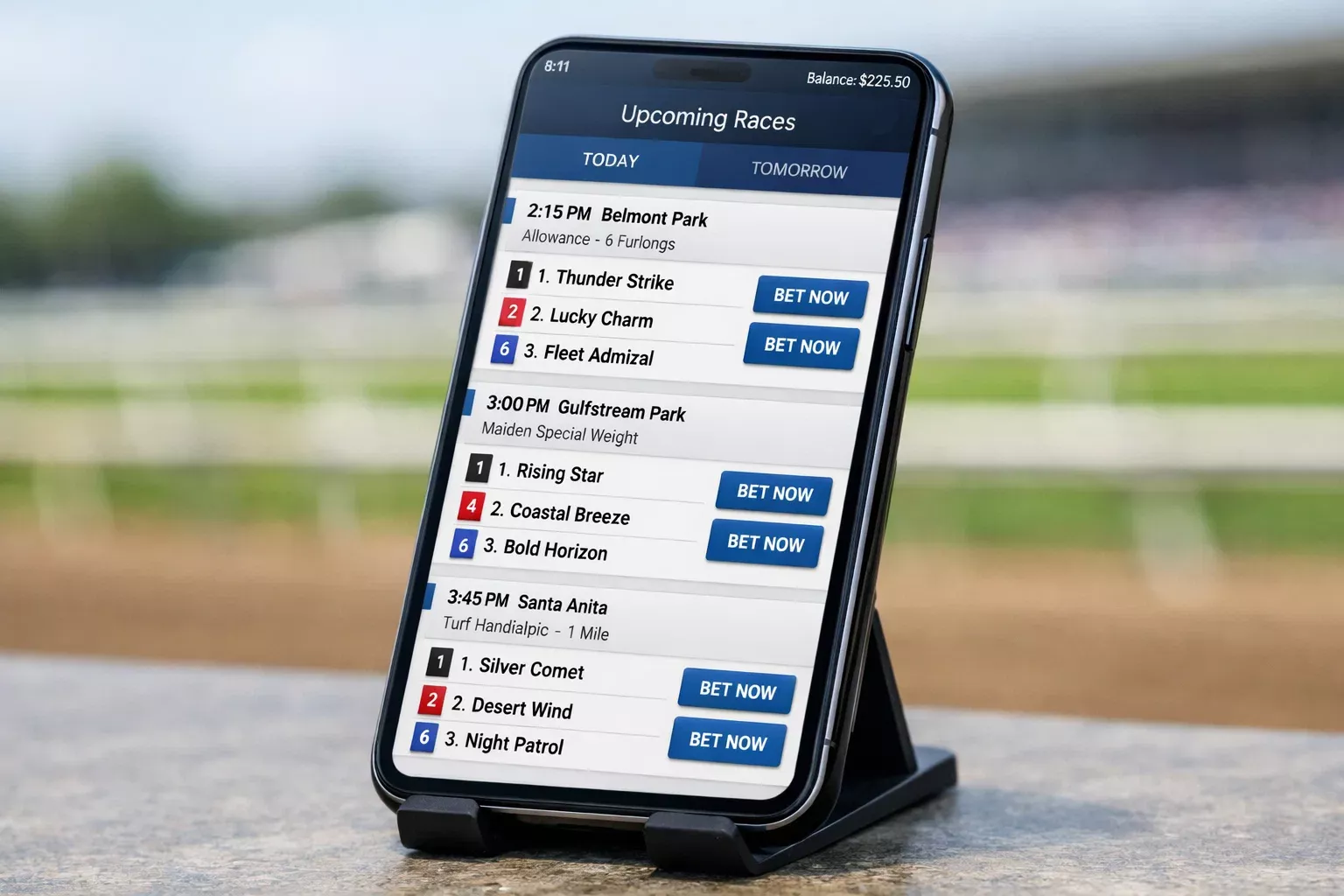 Smartphone-App einer Pferdewetten-Plattform mit Rennanzeige