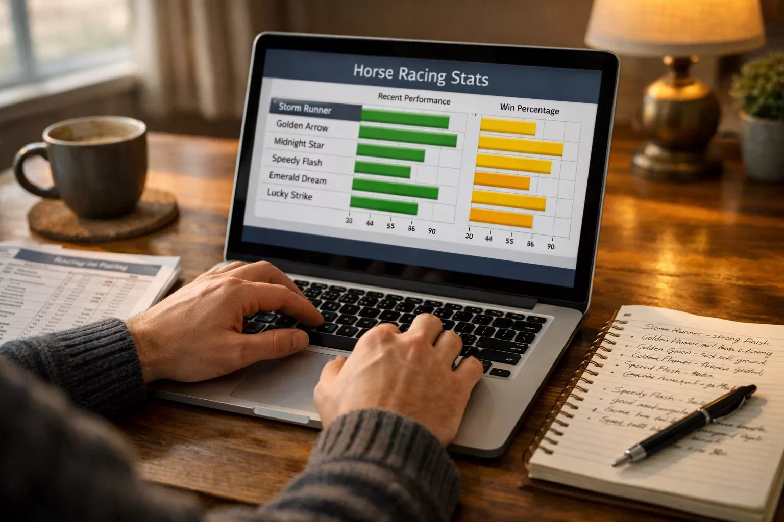 Person analysiert Rennstatistiken auf einem Laptop in entspannter Atmosphäre