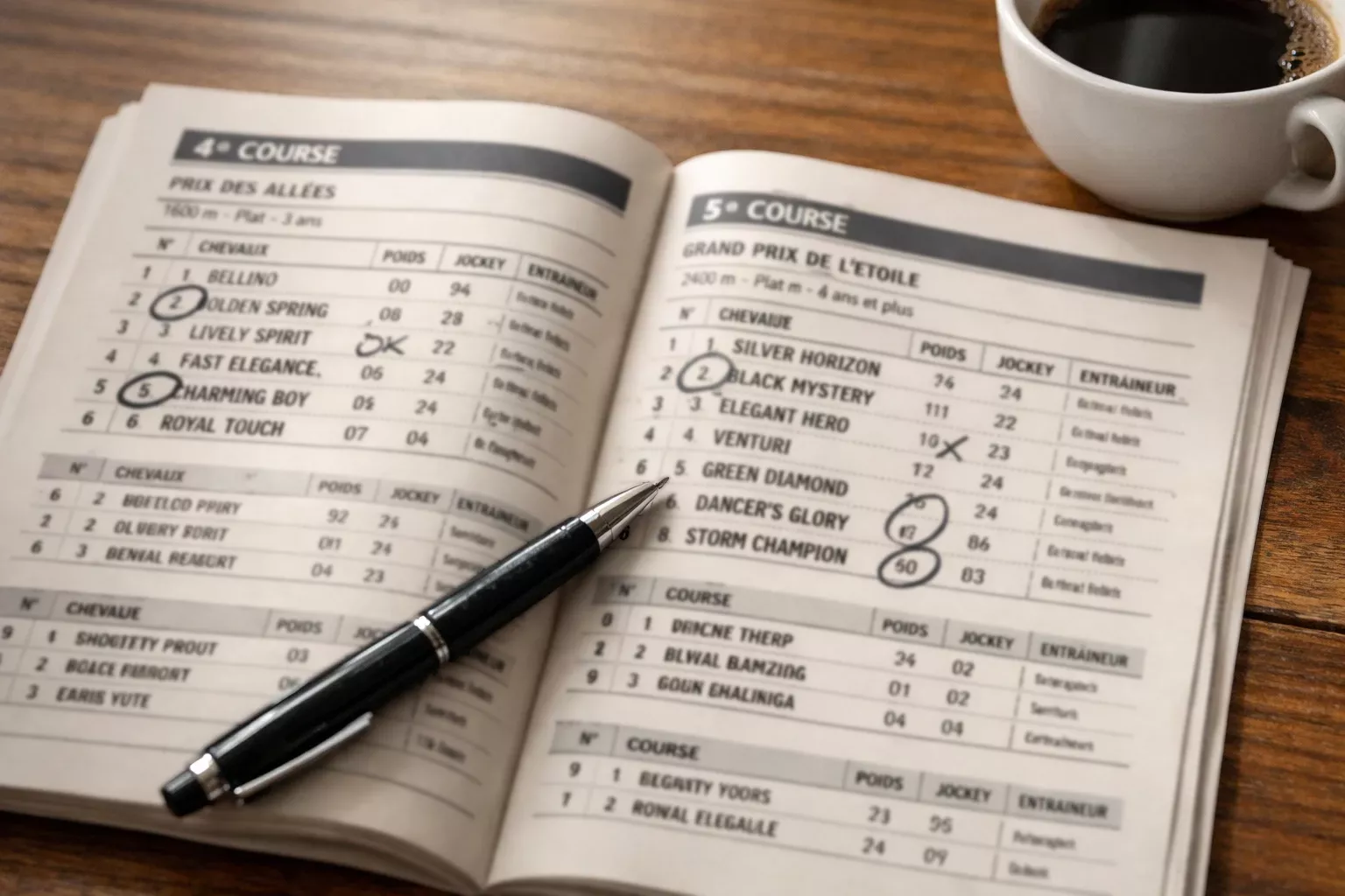 Übersichtliches Rennprogramm mit mehreren Rennen auf einem Tisch