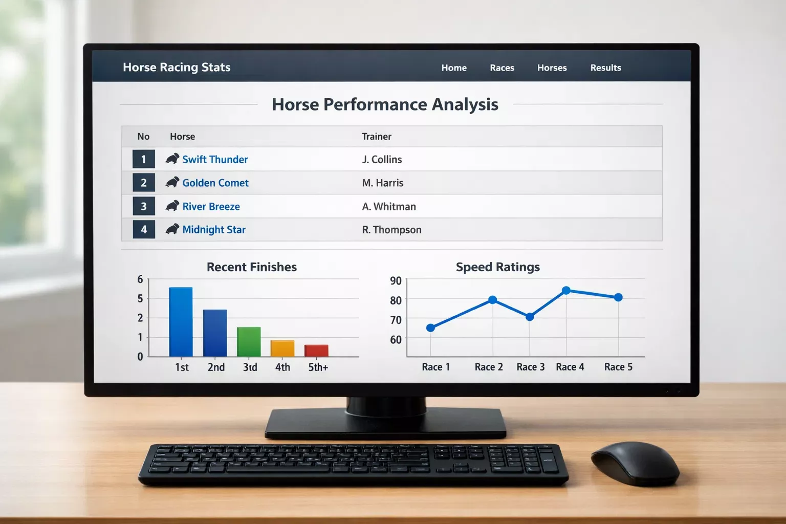 Bildschirm zeigt Pferderennen-Statistikportal mit Grafiken und Daten