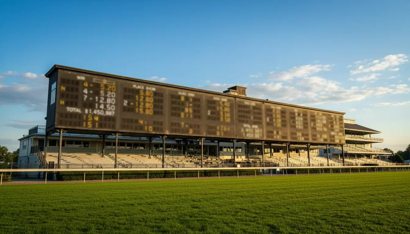Blick auf eine Totalisator-Anzeigetafel an einer Pferderennbahn