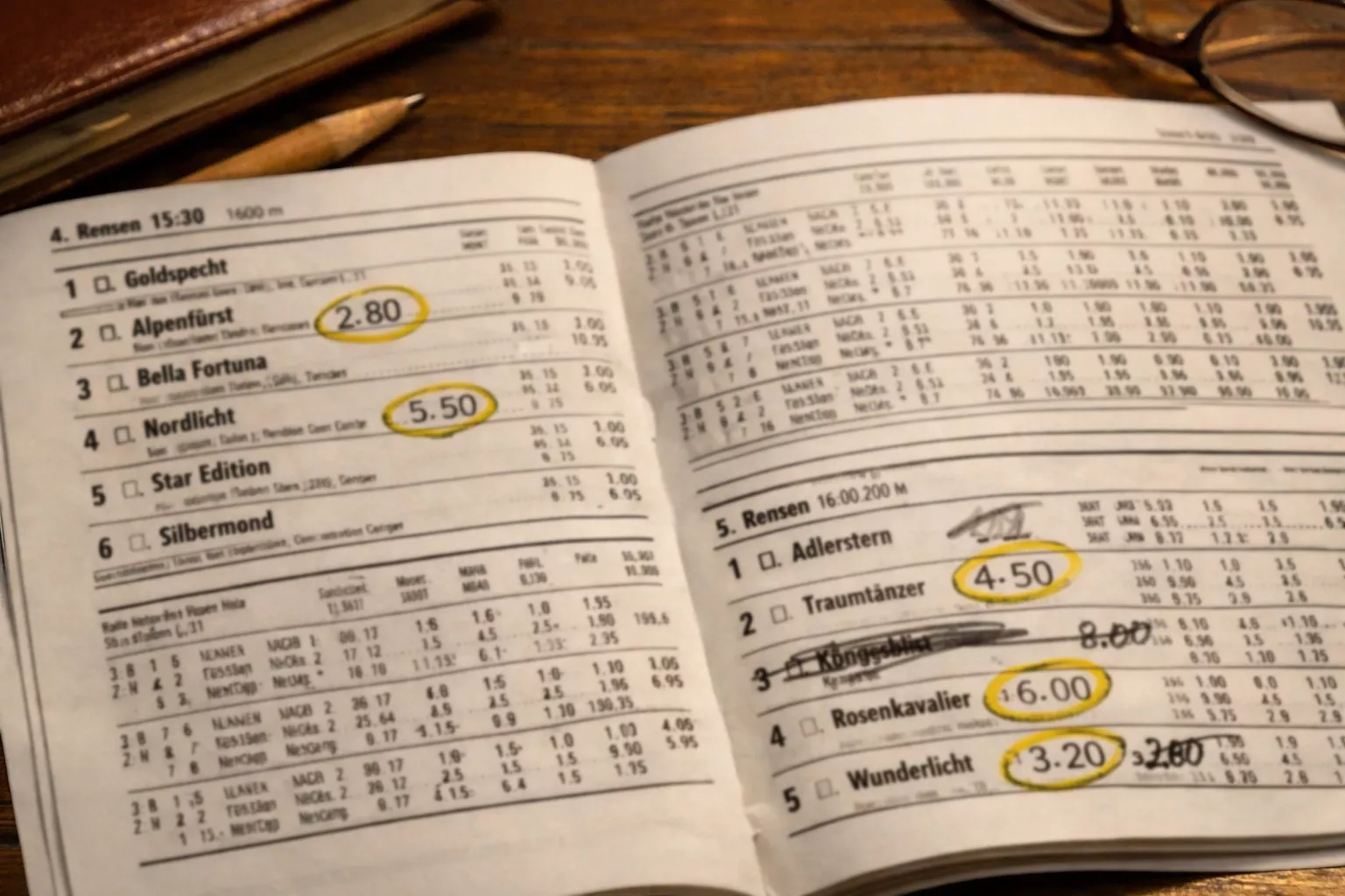 Rennkarte mit markierten Quoten und handschriftlichen Notizen