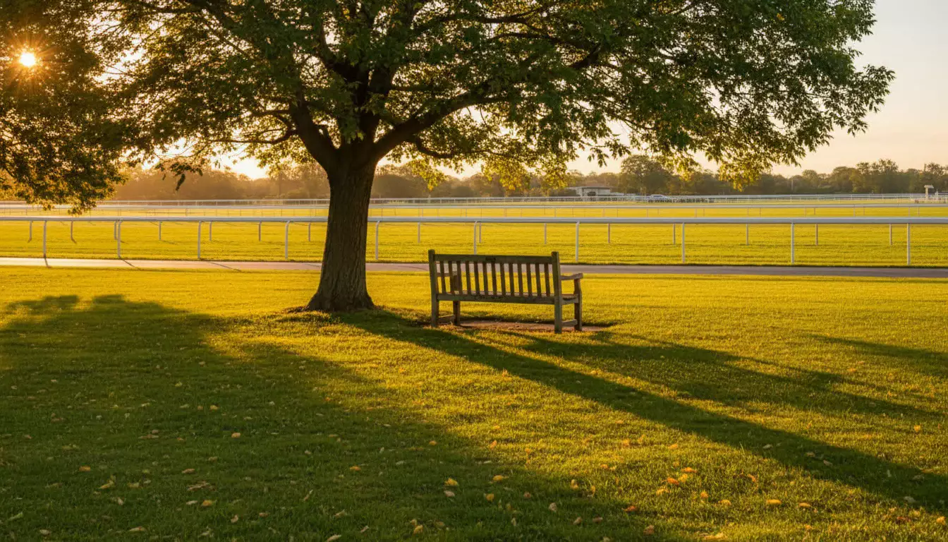 Ruhige Parklandschaft neben einer Galopprennbahn im Abendlicht, Atmosphäre der Besinnung